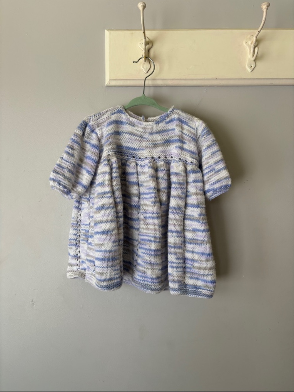 Hand Knit Baby Dress Blue White Striped 6–12 Months Wooden Button